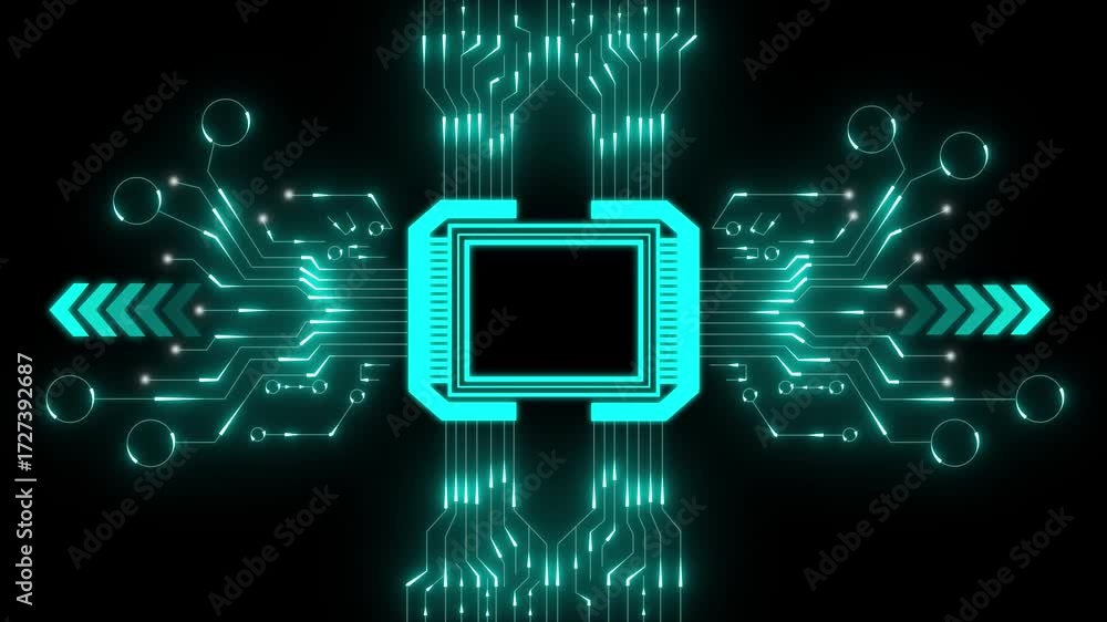Poster futuristic circuit board glowing with cyan light on black background technology computer. technology