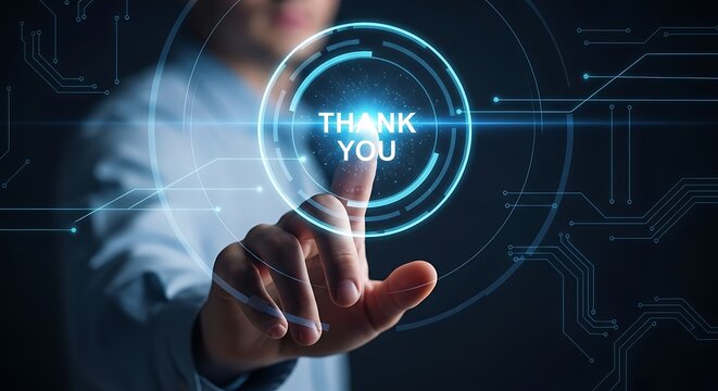 Futuristic Business Person Touching Thank You Digital Interface in Technology Setting