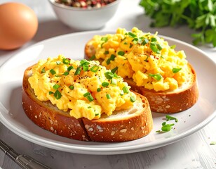 Scrambled eggs on toast, breakfast
