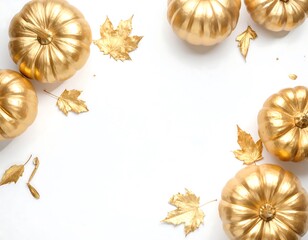 Gold pumpkins and autumn leaves on white