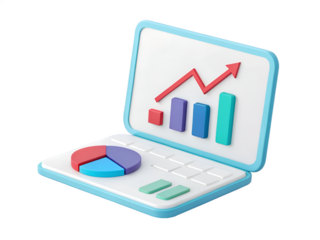 3d illustration of a laptop displaying bar chart pie chart and upward trending arrow computer screen
