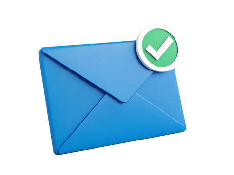 3d illustration of a blue envelope with a green checkmark mail message