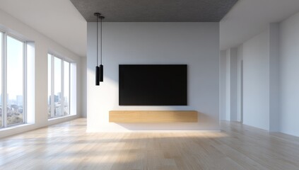 A modern, minimalist living area featuring large windows, a dark television, and light wood furnishings.