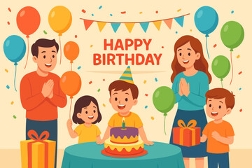 Children and mother celebrating birthday with cake, balloons, and banner.