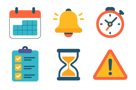 Deadline Icons Collection. Deadline focus in modern flat vector : calendar page, alarm bell, urgent clock, checklist, hourglass, warning triangle
