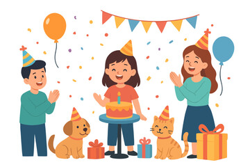 Happy girl celebrating birthday with cake, cat, dog, and balloons.
