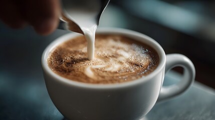 Barista pouring steamed milk into a coffee cup creating delicate latte art with rich foam close up bright lighting