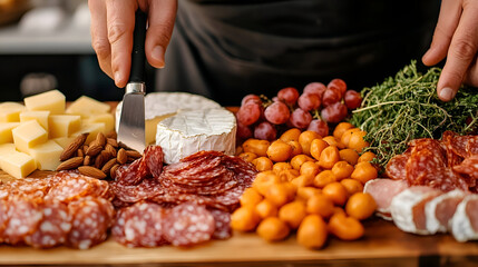 Cheese and charcuterie board with knife and hand