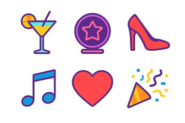 Vibrant Nightlife Icons. Nightlife icons in modern flat vector : cocktail glass, neon sign, high heels, music note, heart, confetti