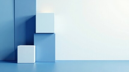 Abstract Minimalist Blue Cube Display Featuring Three Dimensional Shapes on a Solid Background