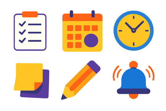 Minimalist Organization Icons. Daily organization in modern flat vector : checklist paper, calendar page, clock, sticky notes, pencil, alarm bell