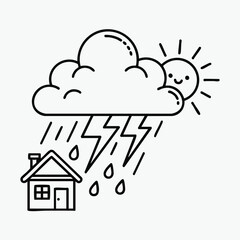 A whimsical depiction of a house amidst a stormy weather scene featuring clouds, raindrops, and a smiling sun.