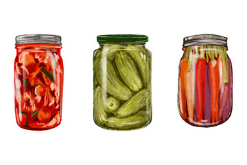 glass jar with marinated vegetables Glass jar with pickles, kimchi, pickled cucumber, pickled carrot, hand drawn on transparent background.