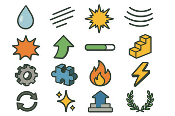 Effort Icon Set. Effort symbols set icons in modern isometric flat : sweat drop, speed lines, effort burst, shockwave lines, impact burst, upward