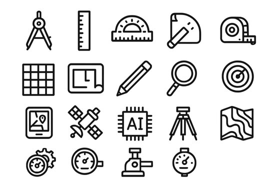 Technical Tools Icons. Technical tools icons in outline style: drafting compass, ruler, protractor, measuring tape, grid paper, blueprint, pencil,