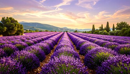 Rows of vibrant lavender fields under a colorful sunset sky with distant hills