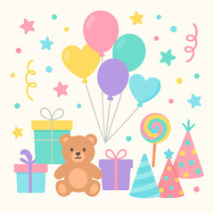  Kids celebrating birthday outdoors with cake and balloons.