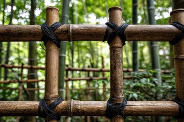 Obraz premium Close-up bamboo fence in a lush garden (1)