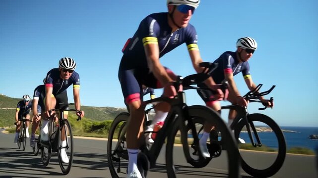 Professional cycling team training on a coastal road