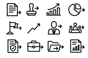 Business Icons Collection. Business reference arrow icons in outline style: contract paper, approval stamp, bar chart, pie chart, milestone flag,