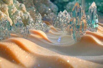 Crystal city emerging from sandy dunes, ethereal and surreal digital art.