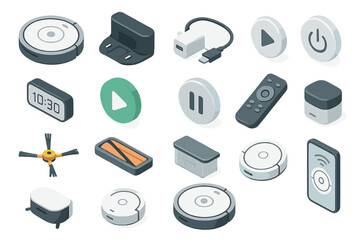 Robot Vacuum Icons. Device basics set icons in modern isometric flat : round robot vacuum, docking station, charging port, power button, digital
