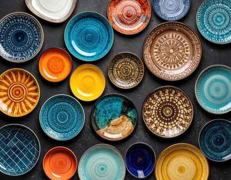 Vibrant collection of diverse handcrafted ceramic plates arranged artfully.
