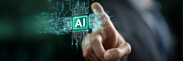 Businessman touching a digital icon of artificial intelligence with a chip and hologram effect, an AI technology concept, on green background. horizontal banner