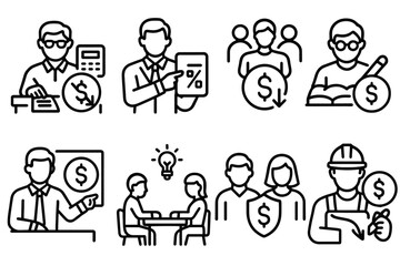 Financial Budget Icons. Situations icons in outline style: accountant reducing budget, manager reviewing expenses, team adjusting costs, student