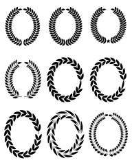 Set of wreaths and branches with leaves. Hand drawing laurel wreaths and branches collection. Laurels wreaths, swirls, twigs and flower ornaments.