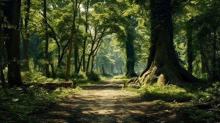 Naklejka premium A photo of a tranquil forest path with a canopy