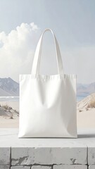 White tote bag on a stone surface against a desert landscape