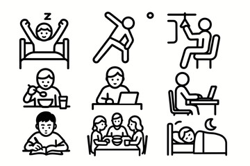 Daily Routine Icons. Situations icons in outline style: morning wake-up, person exercising, person eating breakfast, person commuting, person working
