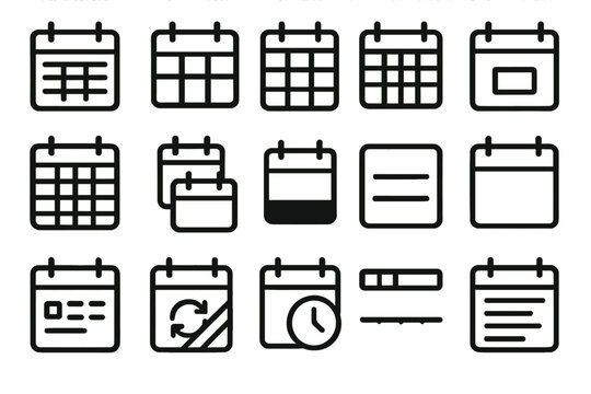 Calendar Icon Set. Calendar blocks icons in outline style: weekly planner, daily grid, monthly calendar, single day block, highlighted square,