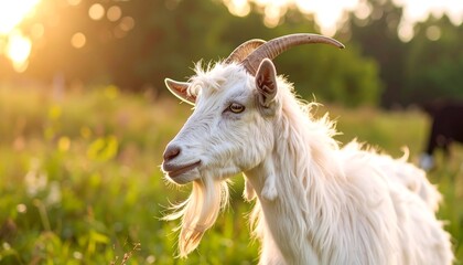 Obraz premium White goat in a field at sunset (2)