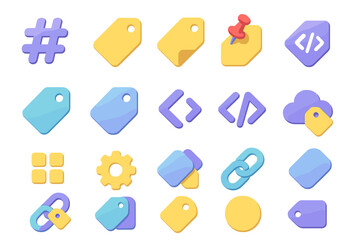 Isometric Tag Icons. Tag basics set icons in modern isometric flat : hashtag, tag label, folded tag, pinned tag, gradient tag, glowing tag, angle