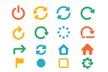 Modern Icon Set. Default symbols in modern flat vector : power button, reset arrows, refresh arrows, undo arrow, redo arrow, circular arrows, dotted