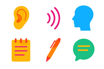 Active Listening Icons. Active listening in modern flat vector : ear, sound waves, head profile, notebook, pen, chat bubble