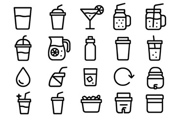Beverage Icon Set. Usage icons in outline style: glass of water, soda cup, cocktail glass, smoothie jar, iced coffee cup, lemonade pitcher, sports