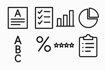Report Card Icons. Objects icons in outline style: report card, checklist, bar chart, pie chart, letter grades, percentage symbol, star rating,