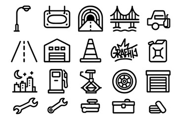 Urban Icon Collection. Urban vibe icons in outline style: streetlight, neon sign, underground tunnel, bridge, highway, warehouse, cones, graffiti tag