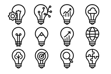 Innovative Lightbulb Icons. Innovation and ideas icons in outline style: lightbulb with gear, circuit bulb, bulb with chart, bulb with cloud, bulb