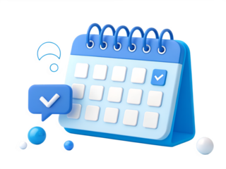 3d blue calendar with checkmark in speech bubble and spheres illustration white