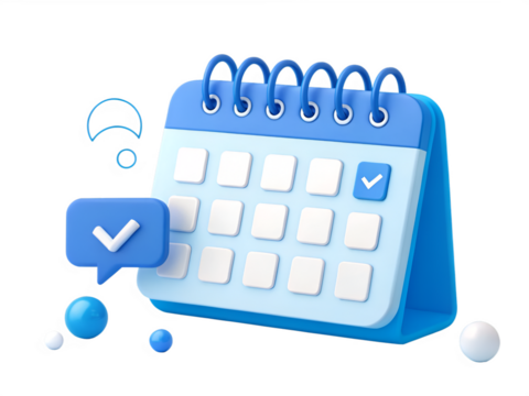 3d blue calendar with checkmark in speech bubble and spheres illustration white