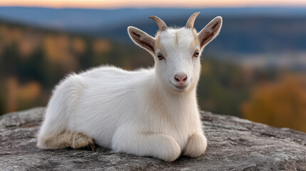 Obraz premium Serene young white goat resting on mountaintop at sunset nature photography tranquil environment peaceful viewpoint