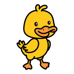 Adorable Yellow Duckling Cartoon Illustration with Black Outline on Transparent Background Standing Duck Cute Design Element Mascot Icon Graphic Resource