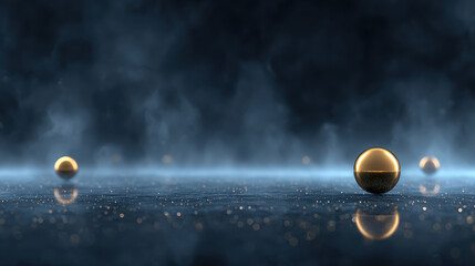 Golden spheres and glittering lights illuminate a dark blue mystical fantasy scene