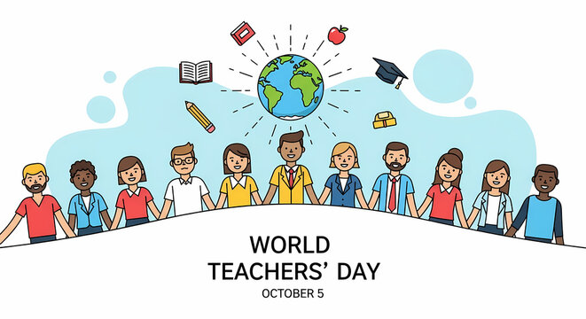 World Teachers' Day illustration with a diverse group of educators holding hands under a globe surrounded by educational icons. - Powered by Adobe