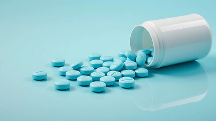 Blue Pills Spilled from a White Prescription Bottle on a Light Blue Background, Perfect for Healthcare, Medicine, and Pharmaceutical Concepts