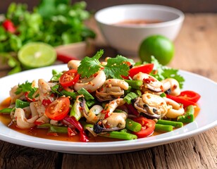 Seafood salad on a white plate